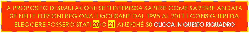 Casella di testo: A PROPOSITO DI SIMULAZIONI: SE TI INTERESSA SAPERE COME SAREBBE ANDATA
SE NELLE ELEZIONI REGIONALI MOLISANE DAL 1995 AL 2011 I CONSIGLIERI DA
ELEGGERE FOSSERO STATI 20 O 21 ANZICH 30 CLICCA IN QUESTO RIQUADRO
